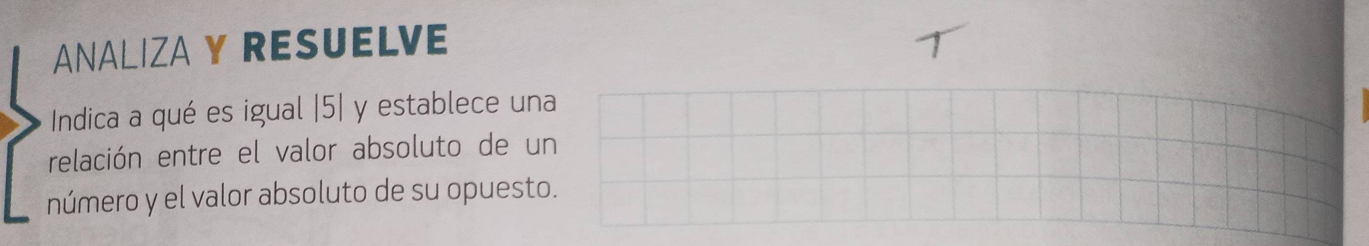 ANALIZA Y RESUELVE 
Indica a qué es igual | 5| y establece una 
relación entre el valor absoluto de un 
número y el valor absoluto de su opuesto.