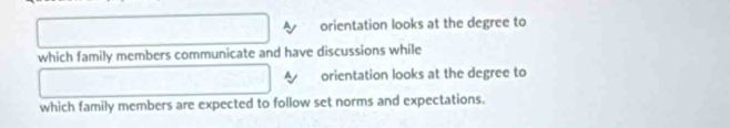 A orientation looks at the degree to 
which family members communicate and have discussions while 
orientation looks at the degree to 
which family members are expected to follow set norms and expectations.