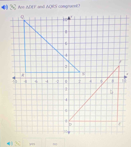 Are △ DEF and △ QRS congruent?
x_A yes no