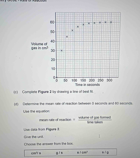 try GCSE - Rate or Reaction
(c) Complete Figure 2 by drawing a line of best fit.
(d) Determine the mean rate of reaction between 0 seconds and 60 seconds.
Use the equation:
Use data from Figure 2.
Give the unit.
Choose the answer from the box.
cm^3/s q/s s/cm^3 s / g