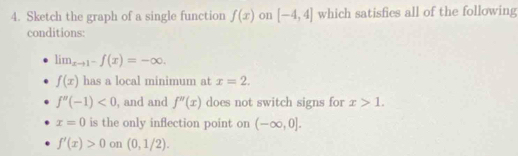 Sketch the graph of a single function f(x) on [-4,4] which satisfies all of the following 
conditions:
lim_xto 1^-f(x)=-∈fty.
f(x) has a local minimum at x=2.
f''(-1)<0</tex> , and and f''(x) does not switch signs for x>1.
x=0 is the only inflection point on (-∈fty ,0].
f'(x)>0 on (0,1/2).