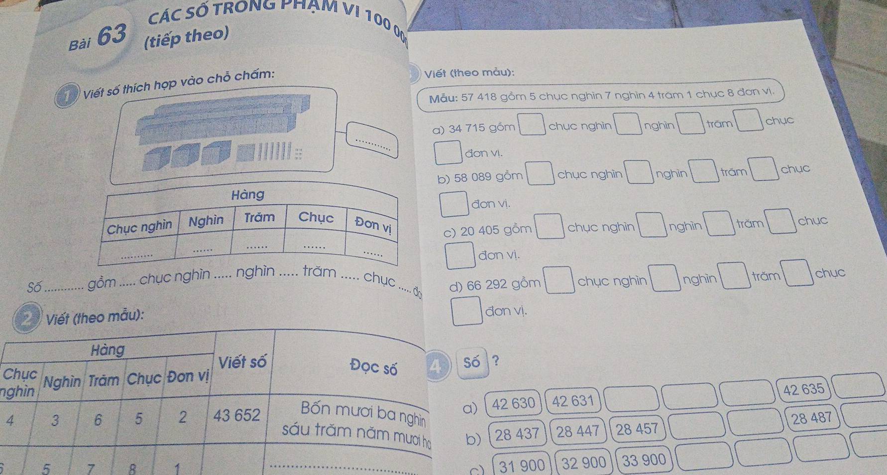 Các Số TRonG PHẠM VI 100 006
Bài 63 (tiếp theo)
Viết số thích hợp vào chỗ chấm:
Viết (theo mẫu):
Mẫu: 57 418 gồm 5 chục nghìn 7 nghìn 4 trăm 1 chục 8 đơn vị.
_
a) 34 715 gồm chục nghin nghin trăm chục
đơn vi.
b) 58 089 gồm chục nghin nghin re chuc
đơn vị.
c) 20 405 gồm chục nghin □ nghin trăm chục
đơn vị.
Số _gồm ..... chục nghìn ..... nghìn _trăm _ chc ..... đo
d) 66 292 gồm chục nghin □ nghin trăm chuc
o mẫu): đơn vị.
C ?
n
42 635
42 630 42 631
28 487
28 437 28 447 28 457
5 7 8 1 C) 31 900 32 900 33 900