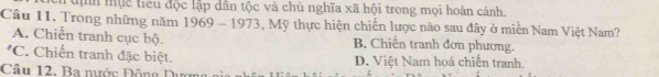 tịh mục tiểu độc lập dân tộc và chủ nghĩa xã hội trong mọi hoàn cảnh.
Câu 11. Trong những năm 1969 - 1973, Mỹ thực hiện chiến lược nào sau đây ở miền Nam Việt Nam?
A. Chiến tranh cục bộ. B. Chiến tranh đơn phương.
'C. Chiến tranh đặc biệt. D. Việt Nam hoá chiến tranh.
Câu 12, Ba nước Đông Dực