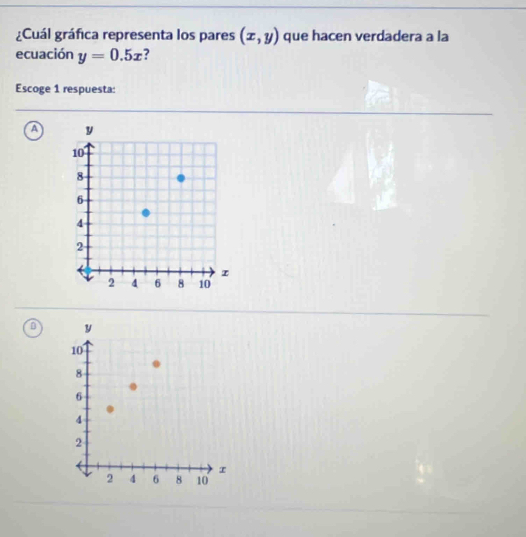 ¿Cuál gráfica representa los pares (x,y) que hacen verdadera a la
ecuación y=0.5x ?
Escoge 1 respuesta:
a
D