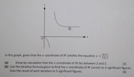 In this graph, given that the x-coordinate of M satisfies the equation x= (4x+3)/5ln x . 
(a) Show by calculation that the x-coordinate of M lies between 2 and 3. [3] 
(b) Use the iterative formula given to find the x-coordinate of M correct to 3 significant figures. 
Give the result of each iteration to 5 significant figures. [4]