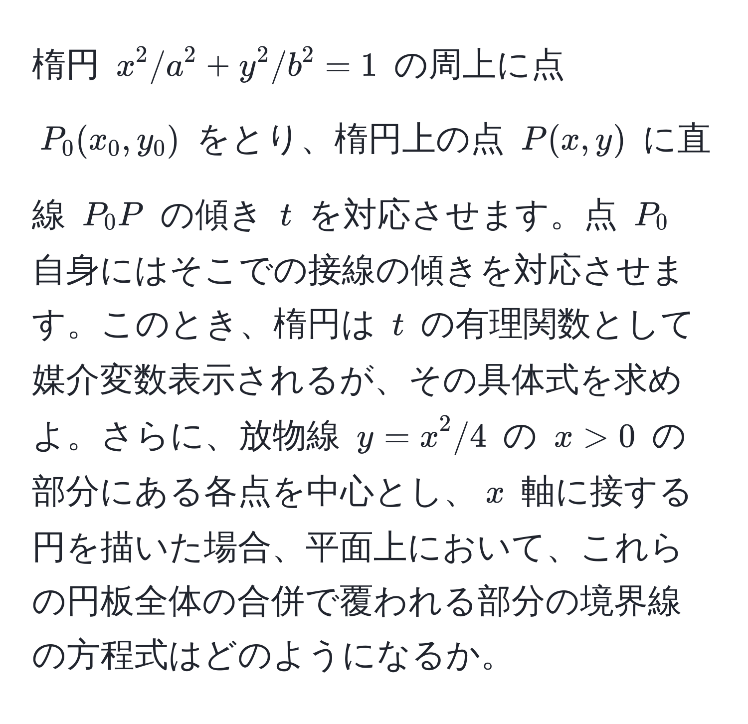 楕円 $x^2/a^2 + y^2/b^2 = 1$ の周上に点 $P_0(x_0, y_0)$ をとり、楕円上の点 $P(x, y)$ に直線 $P_0P$ の傾き $t$ を対応させます。点 $P_0$ 自身にはそこでの接線の傾きを対応させます。このとき、楕円は $t$ の有理関数として媒介変数表示されるが、その具体式を求めよ。さらに、放物線 $y = x^2 / 4$ の $x > 0$ の部分にある各点を中心とし、$x$ 軸に接する円を描いた場合、平面上において、これらの円板全体の合併で覆われる部分の境界線の方程式はどのようになるか。