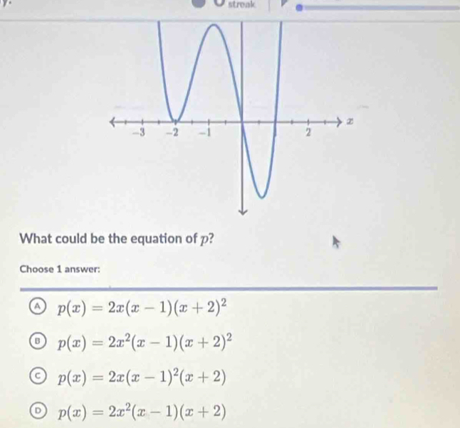 streak
What could be the equation of p?
Choose 1 answer:
A p(x)=2x(x-1)(x+2)^2
p(x)=2x^2(x-1)(x+2)^2
p(x)=2x(x-1)^2(x+2)
D p(x)=2x^2(x-1)(x+2)