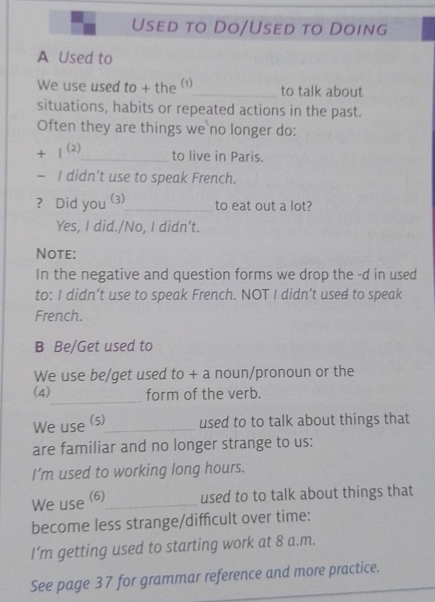 Used to Do/Used to Doing
A Used to
We use used to + the (1)_ to talk about
situations, habits or repeated actions in the past.
Often they are things we no longer do:
+ 1 (2)
_to live in Paris.
- I didn’t use to speak French.
? Did you (3)_ to eat out a lot?
Yes, I did./No, I didn’t.
Note:
In the negative and question forms we drop the -d in used
to: I didn’t use to speak French. NOT I didn’t used to speak
French.
B Be/Get used to
We use be/get used to + a noun/pronoun or the
_
(4) form of the verb.
We use (5)_
used to to talk about things that
are familiar and no longer strange to us:
I’m used to working long hours.
We use (6)_
used to to talk about things that
become less strange/difficult over time:
I’m getting used to starting work at 8 a.m.
See page 37 for grammar reference and more practice.