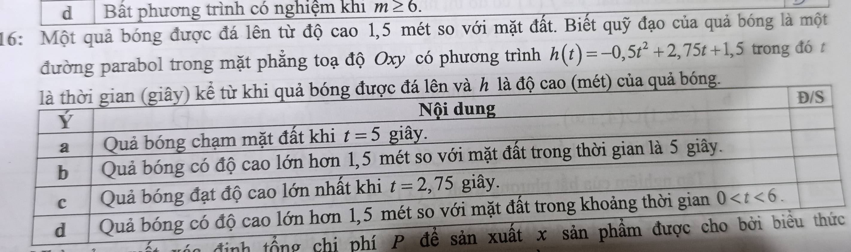 Bất phương trình có nghiệm khi m≥ 6.
16: Một quả bóng được đá lên từ độ cao 1,5 mét so với mặt đất. Biết quỹ đạo của quả bóng là một
đường parabol trong mặt phẳng toạ độ Oxy có phương trình h(t)=-0,5t^2+2,75t+1,5 trong đó t
(mét) của quả bóng.
định tổng