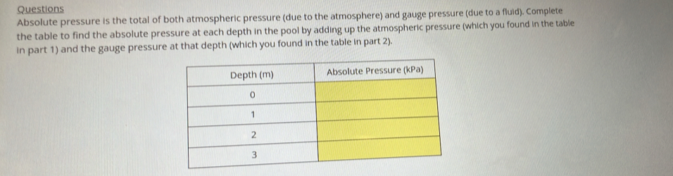 Questions 
Absolute pressure is the total of both atmospheric pressure (due to the atmosphere) and gauge pressure (due to a fluid). Complete 
the table to find the absolute pressure at each depth in the pool by adding up the atmospheric pressure (which you found in the table 
in part 1) and the gauge pressure at that depth (which you found in the table in part 2).