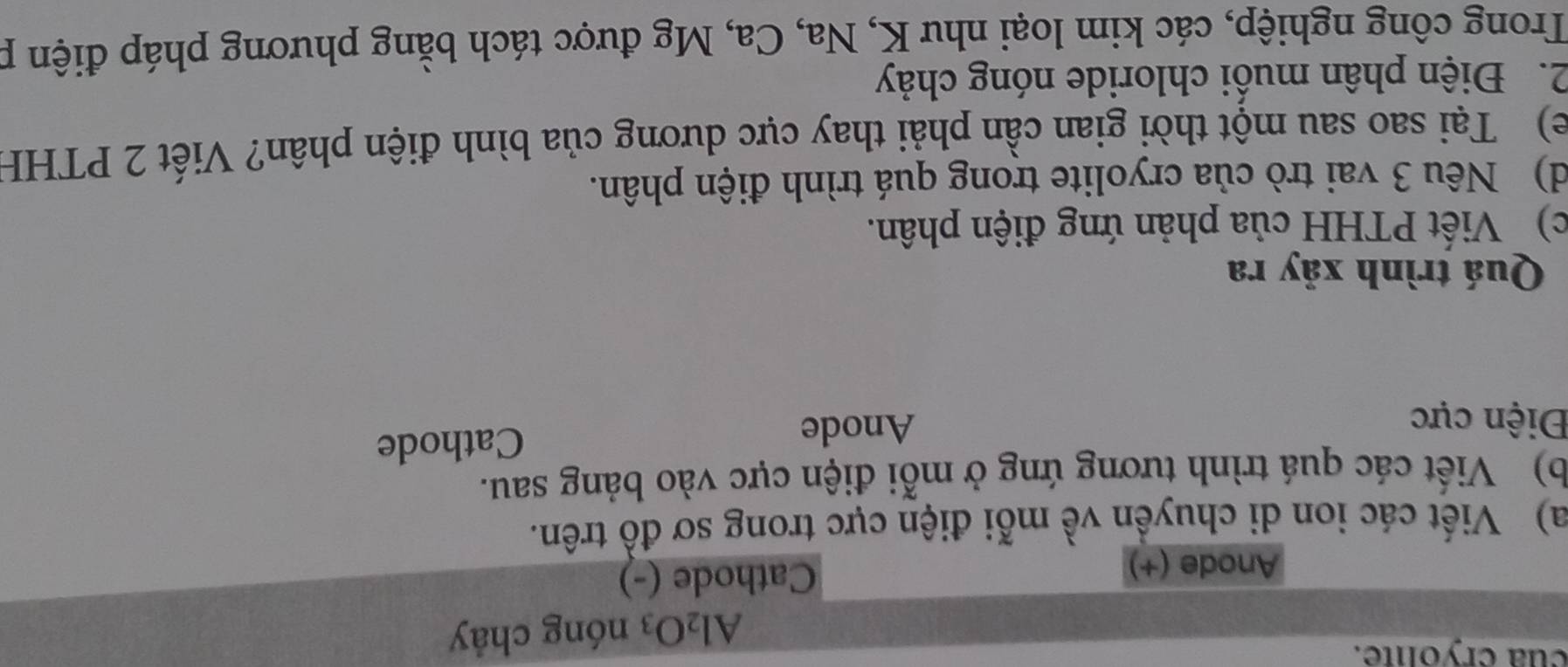 cua cryolite. 
Al_2O_3 nóng chảy 
Anode (+) 
Cathode (-) 
a) Viết các ion di chuyền về mỗi điện cực trong sơ đồ trên. 
b) Viết các quá trình tương ứng ở mỗi điện cực vào bảng sau. 
Điện cực Anode 
Cathode 
Quá trình xảy ra 
c) Viết PTHH của phản ứng điện phân. 
d) Nêu 3 vai trò của cryolite trong quá trình điện phân. 
e) Tại sao sau một thời gian cần phải thay cực dương của bình điện phân? Viết 2 PTHH 
2. Điện phân muối chloride nóng chảy 
Trong công nghiệp, các kim loại như K, Na, Ca, Mg được tách bằng phương pháp điện p