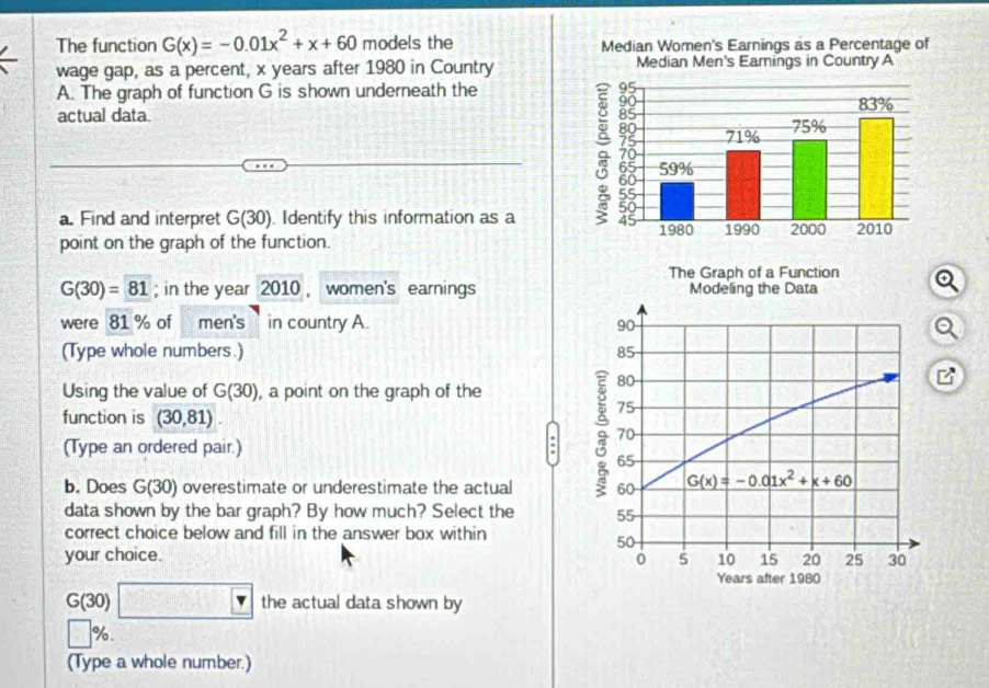 The function G(x)=-0.01x^2+x+60 models the 
wage gap, as a percent, x years after 1980 in Country
A. The graph of function G is shown underneath the
actual data. 
a. Find and interpret G(30). Identify this information as a
point on the graph of the function.
G(30)=81; in the year 2010 , women's earnings
were 81 % of men's in country A. 
(Type whole numbers.) 
Using the value of G(30) , a point on the graph of the
function is (30,81).
(Type an ordered pair.)
:
b. Does G(30) overestimate or underestimate the actual 
data shown by the bar graph? By how much? Select the 
correct choice below and fill in the answer box within
your choice.
G(30) □ Y the actual data shown by
□ % .
(Type a whole number.)