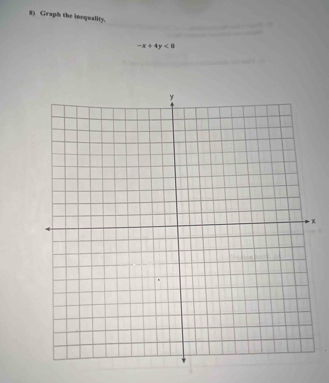 Graph the inequality.
-x+4y<8</tex>
x