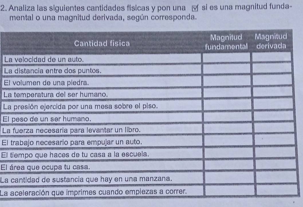 Analiza las siguientes cantidades físicas y pon una √ si es una magnitud funda- 
mental o una magnitud derivada, según corresponda. 
L 
L 
El 
L 
L 
El 
La 
El 
El 
El 
La 
La