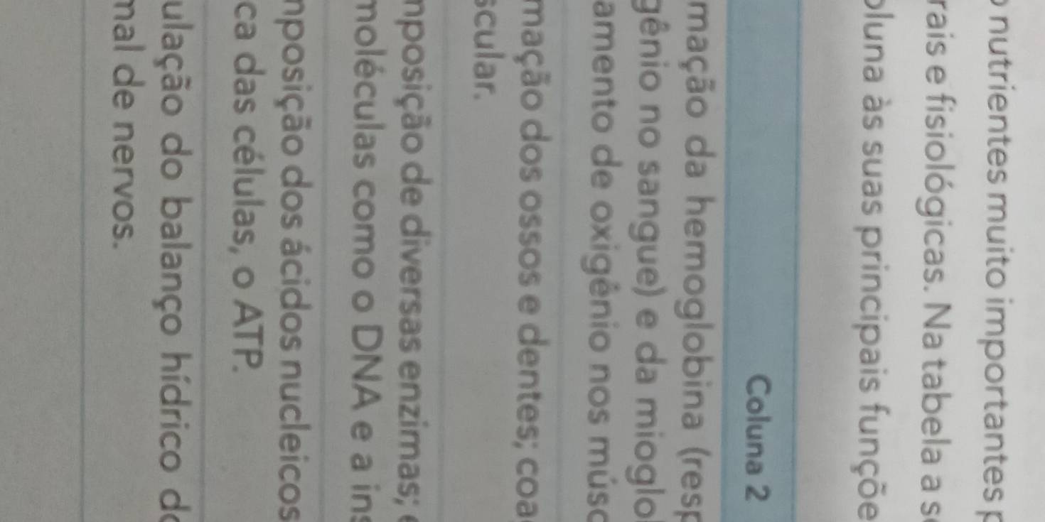 nutrientes muito importantes p
rais e fisiológicas. Na tabela a se
bluna às suas principais funçõe
Coluna 2
mação da hemoglobina (resp
gênio no sangue) e da mioglo
amento de oxigênio nos múso
mação dos ossos e dentes; coa
scular.
mposição de diversas enzimas; 
moléculas como o DNA e a ins
mposição dos ácidos nucleicos
ca das células, o ATP.
ulação do balanço hídrico de
mal de nervos.