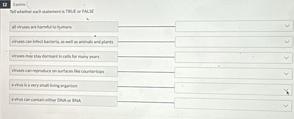 12 3 points
Tell whether each statement is TRUE or FALSE
frac  
all viruses are harmful to humans □°
viruses can infect bacteria, as well as animals and plants frac  □°
viruses may stay dormant in cells for many years _  □ :□
viruses can reproduce on surfaces like countertops _  □ vee
a virus is a very small living organism □ frac  □ *
a virus can contain either DNA or RNA □ _  □ vee^