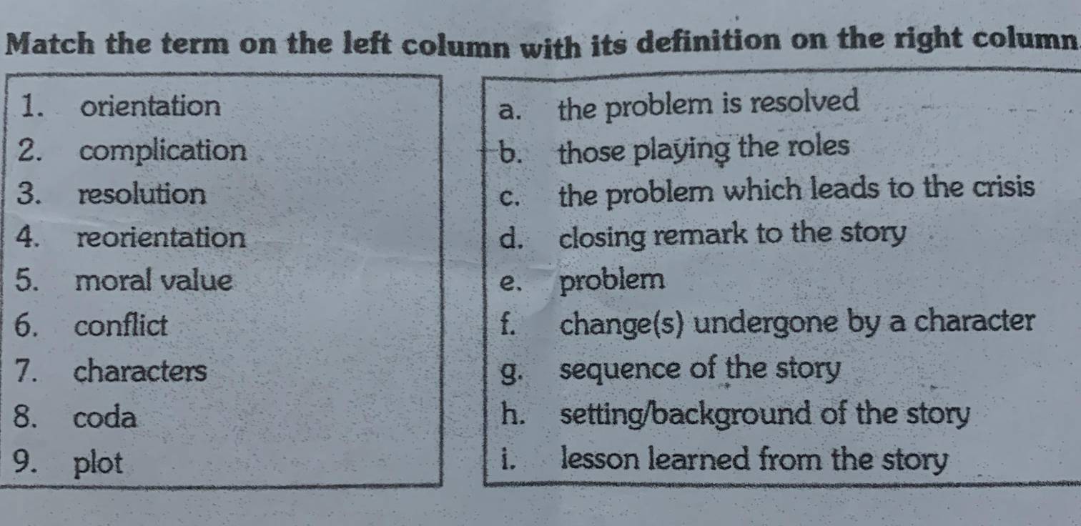 Match the term on the left column with its definition on the right column
1. orientation a. the problem is resolved
2. complication b. those playing the roles
3. resolution c. the problem which leads to the crisis
4. reorientation d. closing remark to the story
5. moral value e. problem
6. conflict f. change(s) undergone by a character
7. characters g. sequence of the story
8. coda h. setting/background of the story
9. plot i. lesson learned from the story