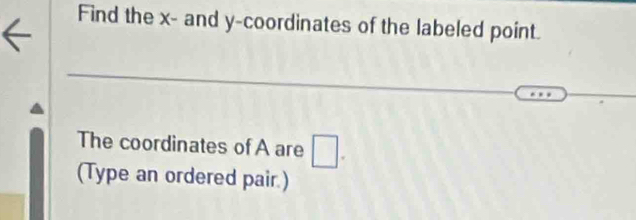 Find the x - and y-coordinates of the labeled point. 
The coordinates of A are □. 
(Type an ordered pair.)