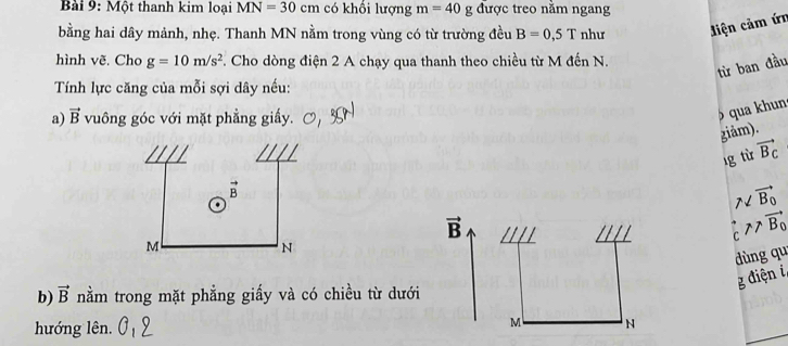 Một thanh kim loại MN=30cm có khổi lượng m=40 g được treo nằm ngang 
bằng hai dây mảnh, nhẹ. Thanh MN nằm trong vùng có từ trường đều B=0,5T như liện cảm ứn 
hình vẽ. Cho g=10m/s^2. Cho dòng điện 2 A chạy qua thanh theo chiều từ M đến N. 
từ ban đầu 
Tính lực căng của mỗi sợi dây nếu: 
a) vector B vuông góc với mặt phẳng giấy. 
qua khun 
giam). 
ıg từ vector B_c
7
vector B
C gamma >vector B_0
dùng qu 
M g điện i, 
b) vector B nằm trong mặt phẳng giấy và có chiều từ dưới 
hướng lên. N