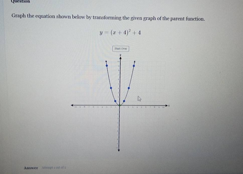 Question 
Graph the equation shown below by transforming the given graph of the parent function.
y=(x+4)^2+4
Start Over 
Answer Attempt 1 out of