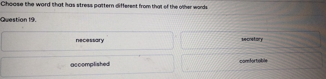Choose the word that has stress pattern different from that of the other words
Question 19.
necessary secretary
comfortable
accomplished
