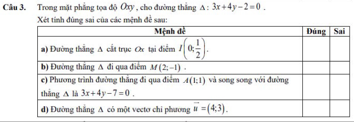 Trong mặt phẳng tọa độ Oxy , cho đường thắng △ :3x+4y-2=0.
Xét tính đúng sai của các mệnh đề sau: