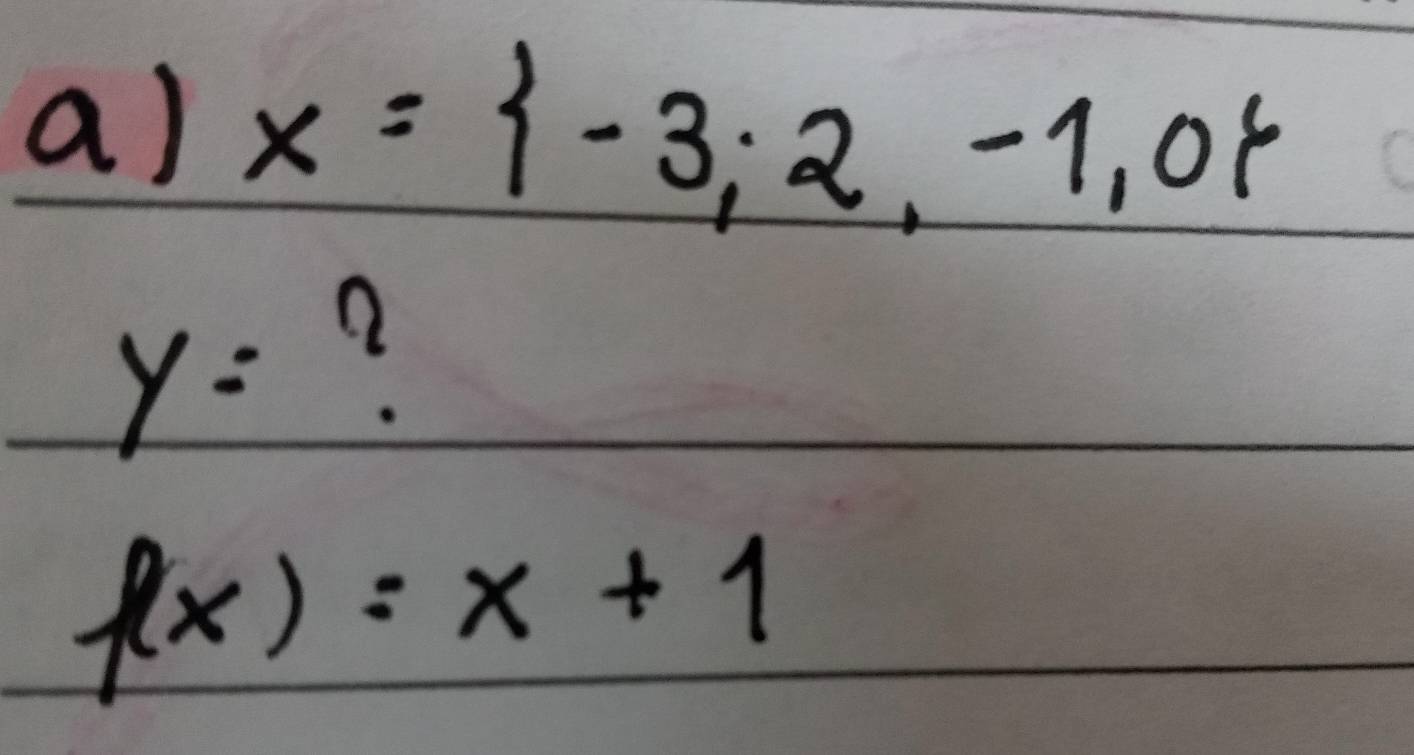 x= -3,2,-1,0
y= a
f(x)=x+1