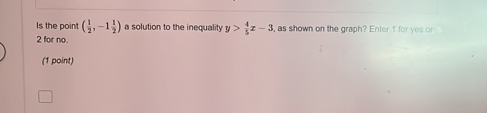 Is the point ( 1/2 ,-1 1/2 ) a solution to the inequality y> 4/5 x-3 , as shown on the graph? Enter 1 for yes or 
2 for no. 
(1 point)