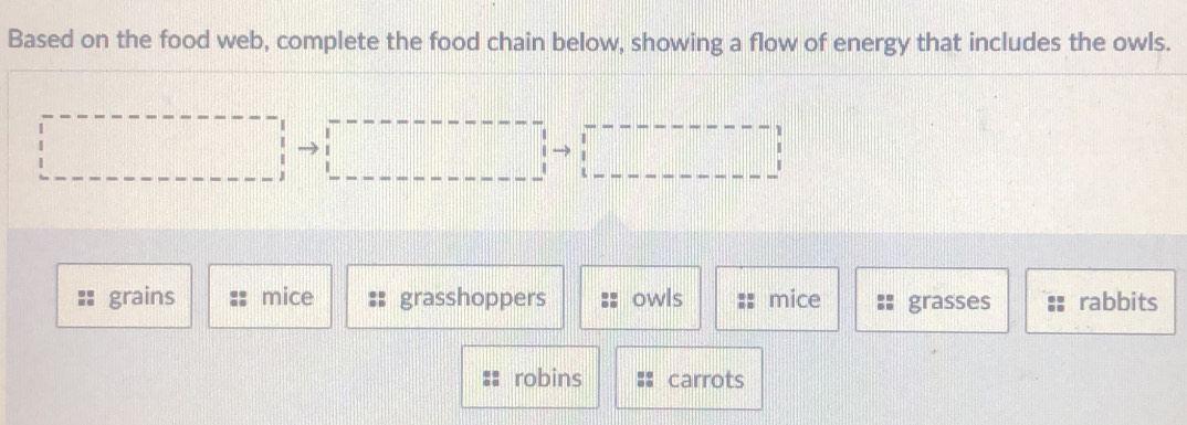 Based on the food web, complete the food chain below, showing a flow of energy that includes the owls.
x_CD-sqrt(2)|=sqrt(2)
grains mice grasshoppers owls mice grasses rabbits 
robins carrots