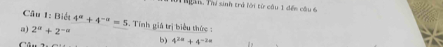 Thgân. Thí sinh trở lời từ câu 1 đến câu 6 
Câu 1: Biết 4^a+4^(-a)=5
a) 2^(alpha)+2^(-alpha) 5. Tính giá trị biểu thức : 
b) 4^(2alpha)+4^(-2alpha)