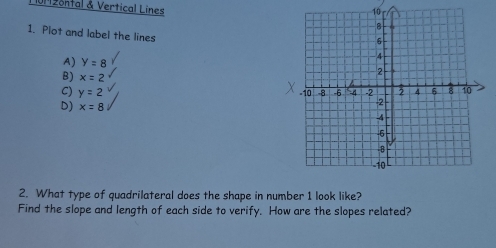 Uli2ontal & Vertical Lines 
1. Piot and label the lines
A) y=8
B) x=2
C) y=2
D) x=8
2. What type of quadrilateral does the shape in number 1 look like?
Find the slope and length of each side to verify. How are the slopes related?