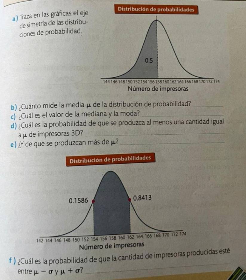 Traza en las gráficas el eje 
de simetría de las distribu- 
ciones de probabilidad. 
b) ¿Cuánto mide la media μ de la distribución de probabilidad?_ 
c) ¿Cuál es el valor de la mediana y la moda?_ 
d) ¿Cuál es la probabilidad de que se produzca al menos una cantidad igual 
aμ de impresoras 3D?_ 
e) ¿Y de que se produzcan más de μ?_ 
Distribución de probabilidades 
f ) ¿Cuál es la probabilidad de que la cantidad de impresoras producidas esté 
entre mu -sigma y mu +sigma
_ 
_