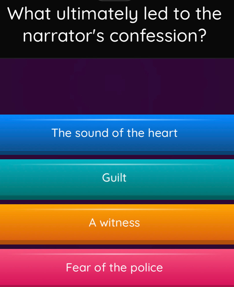 What ultimately led to the
narrator's confession?
The sound of the heart
Guilt
A witness
Fear of the police