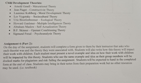 Child Development Theorists: 
Arold Gesell - Maturational Theory 
Jean Piaget - Constructivist Theory 
Laurence Kohlberg - Moral Development Theory 
Lev Vygotsky - Sociocultural Theory 
Urie Bronfenbrenner - Ecological Theory 
Howard Gardener - Multiple Intelligences Theory 
* Abraham Maslow - Self Actualization Theory 
B.F. Skinner - Operant Conditioning Theory 
Sigmund Freud - Psychoanalysis Theory 
Assignment 6 (Part 2): 
On the day of the assignment, students will complete a form given to them by their instructor that asks who 
each theorist was and the theory they were associated with. Students will also write how this theory will impact 
their work with children. Each student must present a novel example and idea on how their work with children 
will be impacted by this theory. Students who use the same example and idea as their group members will be 
docked marks for plagiarism and risk failing the assignment. Students will be expected to hand in the completed 
form at the end of class. Students may bring in their notes from their preparation work but no other resources 
may be used. (i.e. textbook)