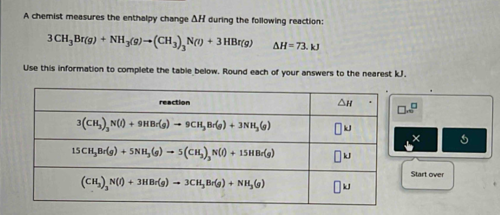 A chemist measures the enthalpy change ΔH during the following reaction:
3CH_3Br(g)+NH_3(g)to (CH_3)_3N(l)+3HBr(g) △ H=73.kJ
Use this information to complete the table below. Round each of your answers to the nearest kJ.
□ * 10^□
×
Start over