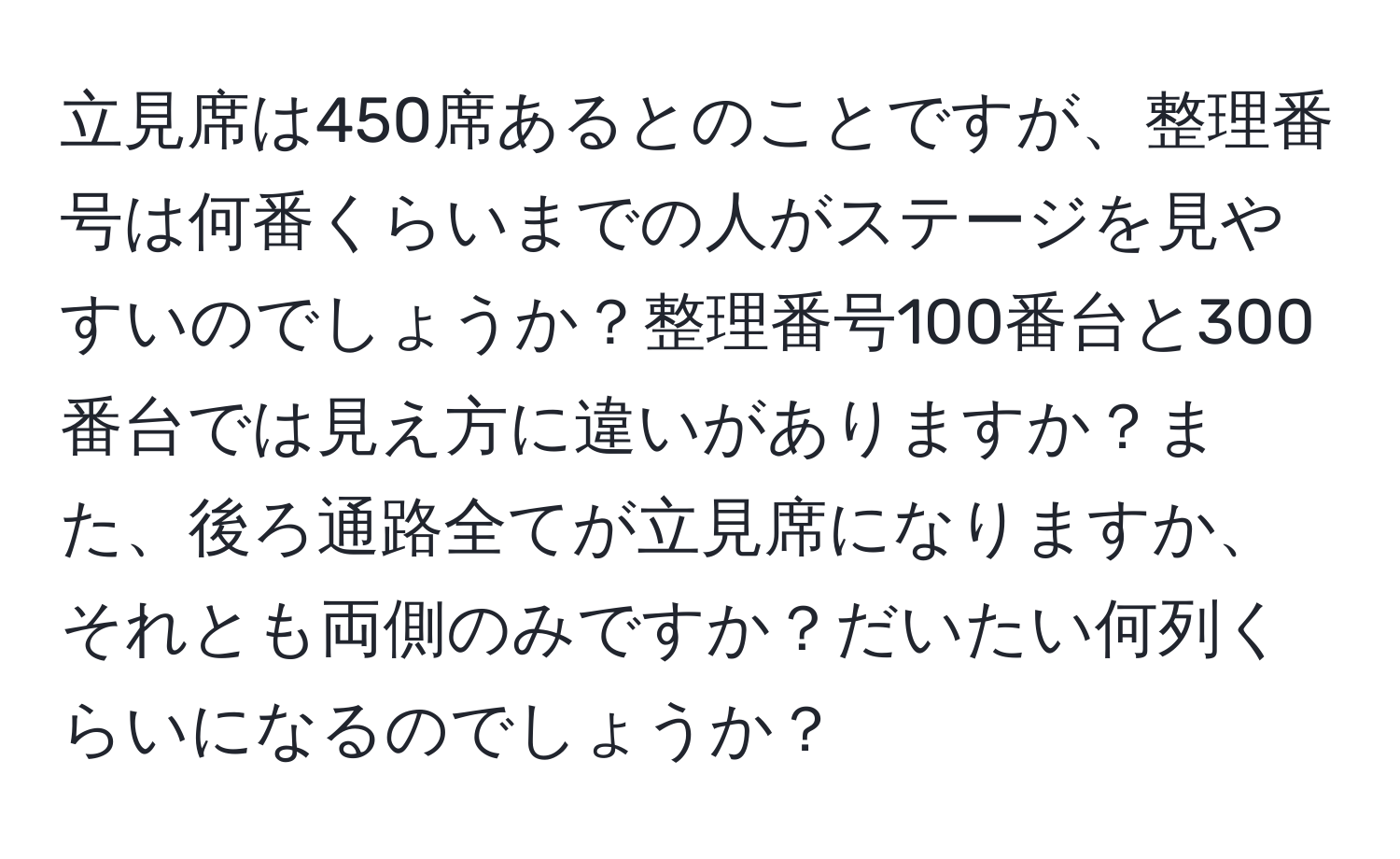 立見席は450席あるとのことですが、整理番号は何番くらいまでの人がステージを見やすいのでしょうか？整理番号100番台と300番台では見え方に違いがありますか？また、後ろ通路全てが立見席になりますか、それとも両側のみですか？だいたい何列くらいになるのでしょうか？