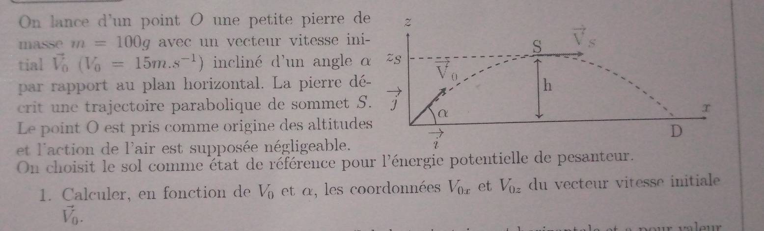 On lance d'un point O une petite pierre de Z 
masse m=100g avec un vecteur vitesse ini- 
S vector V_S
tial vector V_0(V_0=15m.s^(-1)) incliné d'un angle α Às
vector V ( ) 
par rapport au plan horizontal. La pierre dé- h 
crit une trajectoire parabolique de sommet S. J T 
α 
Le point O est pris comme origine des altitudes 
D 
et l'action de l'air est supposée négligeable. 
On choisit le sol comme état de référence pour l'énergie potentielle de pesanteur. 
1. Calculer, en fonction de V_0 et a , les coordonnées V_0x et V_0z du vecteur vitesse initiale
vector V_0. 
valour