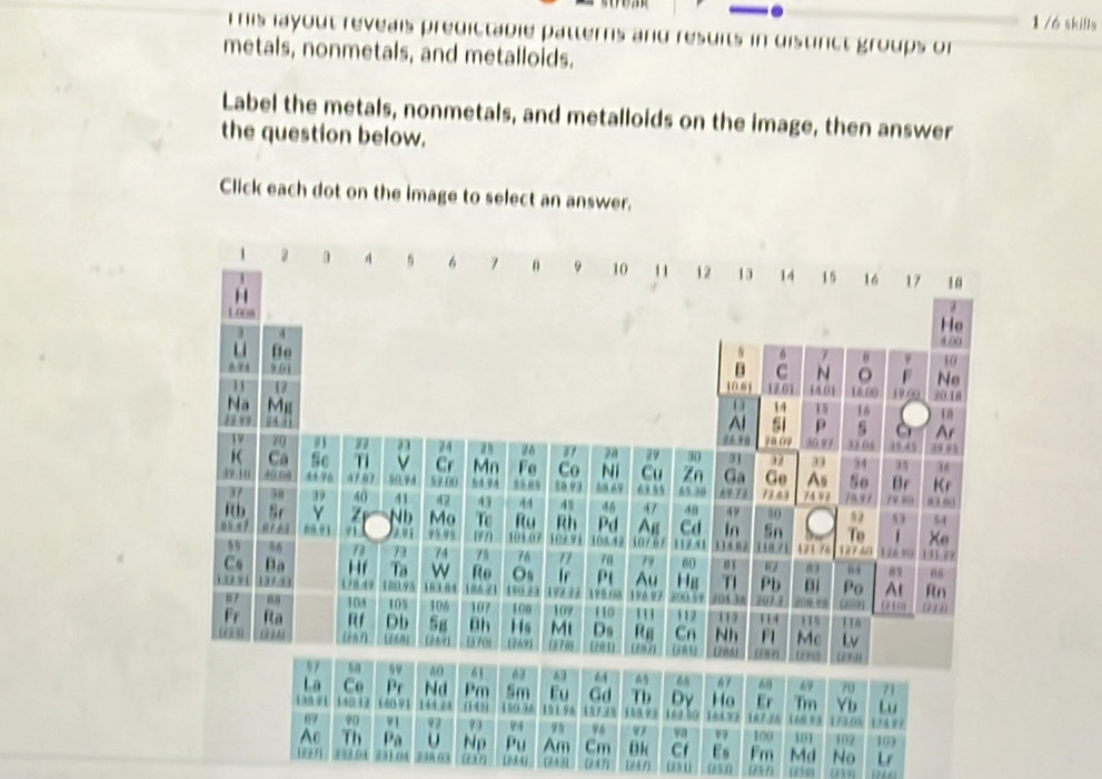 1 /ó skills 
T his fayout reveais predictable patterns and resuits in distinct groups or 
metals, nonmetals, and metalloids. 
Label the metals, nonmetals, and metalloids on the image, then answer 
the question below. 
Click each dot on the image to select an answer. 
C
160 Es Fm Md No Lr 
3 6 (852)