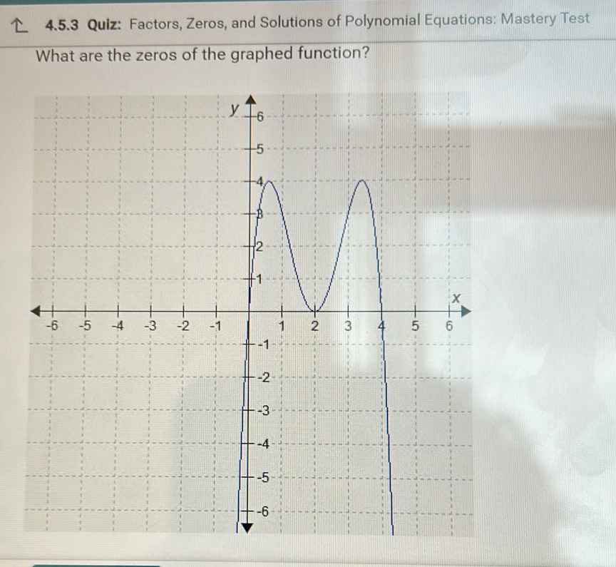 Factors, Zeros, and Solutions of Polynomial Equations: Mastery Test 
What are the zeros of the graphed function?