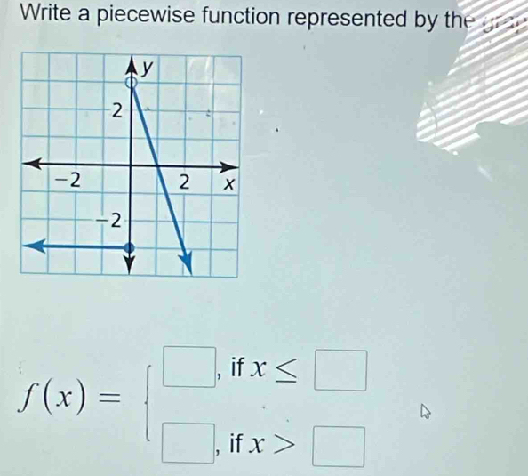 Write a piecewise function represented by the
f(x)=beginarrayl □ ,ifx≤ □  □ ,ifx>□ endarray.