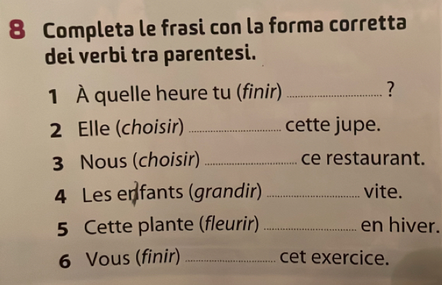 Completa le frasi con la forma corretta 
dei verbi tra parentesi. 
1 À quelle heure tu (finir) _? 
2 Elle (choisir) _cette jupe. 
3 Nous (choisir) _ce restaurant. 
4 Les enfants (grandir) _vite. 
5 Cette plante (fleurir) _en hiver. 
6 Vous (finir) _cet exercice.