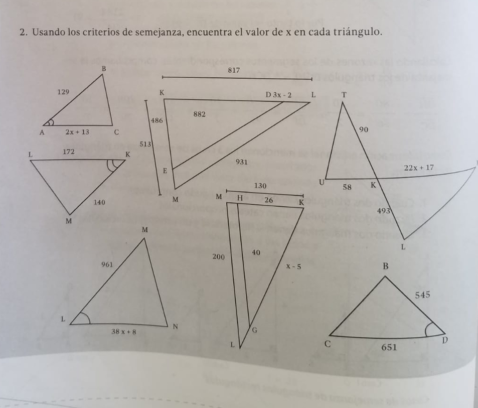 Usando los criterios de semejanza, encuentra el valor de x en cada triángulo.