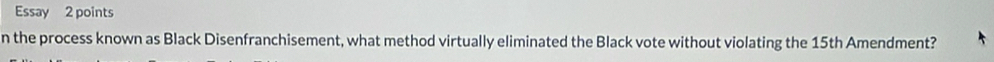 Essay 2 points 
n the process known as Black Disenfranchisement, what method virtually eliminated the Black vote without violating the 15th Amendment?