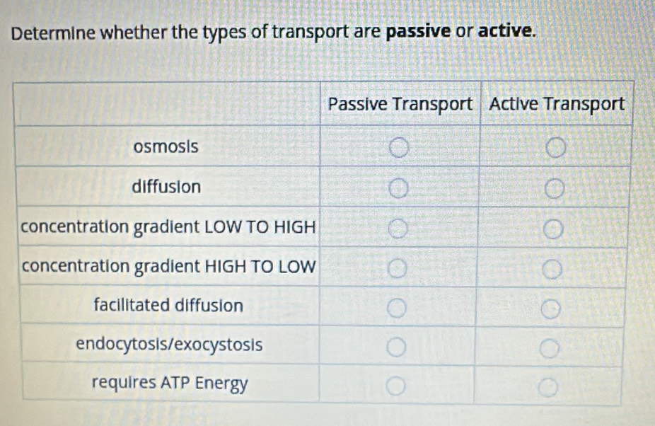 Determine whether the types of transport are passive or active.