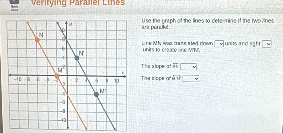 Quick Veritying Parallel Lines
Chocla
Use the graph of the lines to determine if the two lines
are parallel.
Line MN was translated down □ units and right □
units to create line M'N'.
The slope of overleftrightarrow MN□ .
The slope of overleftrightarrow M'N'□ .