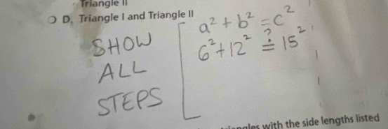 Triangle II
D. Triangle I and Triangle II
es with the side lengths listed .