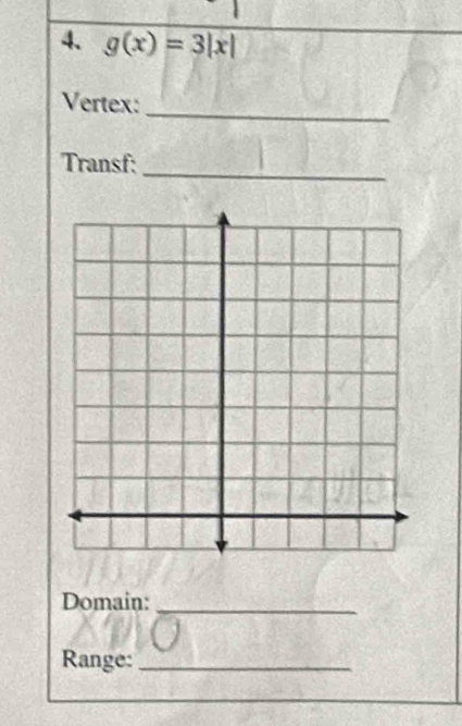 g(x)=3|x|
Vertex: 
_ 
_ 
Transf: 
Domain:_ 
Range:_