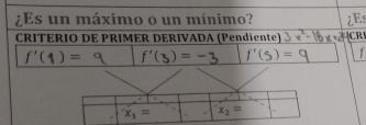 ¿Es un máximo o un mínimo? ¿Es
CRITERIO DE PRIMER DERIVADA (Pendiente) CR
f'(1)= f'(3)=- f'(5)=