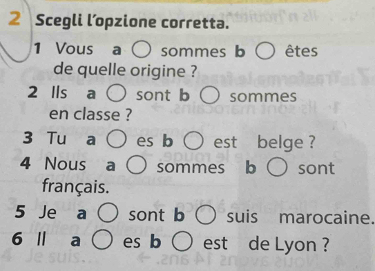 Scegli l’opzione corretta. 
1 Vous a sommes b êtes 
de quelle origine ? 
2 lls a sont b sommes 
en classe ? 
3 Tu a es b est belge ? 
4 Nous a sommes b sont 
français. 
5 Je a sont b suis marocaine. 
6 Ⅱ a es b est de Lyon ?