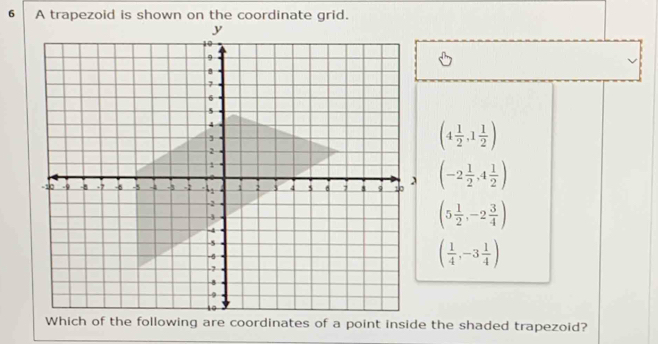 (4 1/2 ,1 1/2 )
(-2 1/2 ,4 1/2 )
(5 1/2 ,-2 3/4 )
( 1/4 ,-3 1/4 )